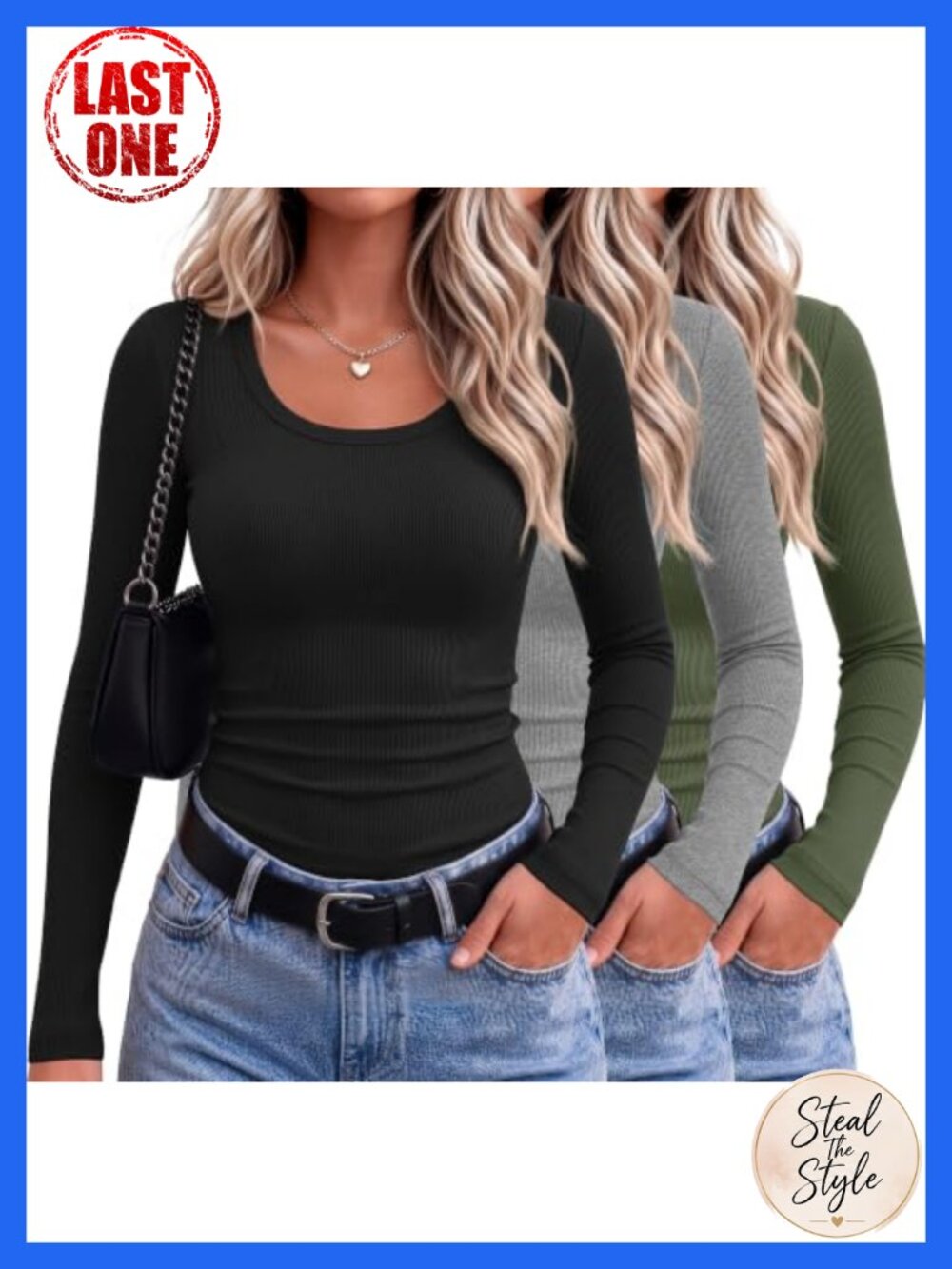 Long Sleeve Scoop Neck Ribbed Tops 3 Pack Fitted Stretch Tees